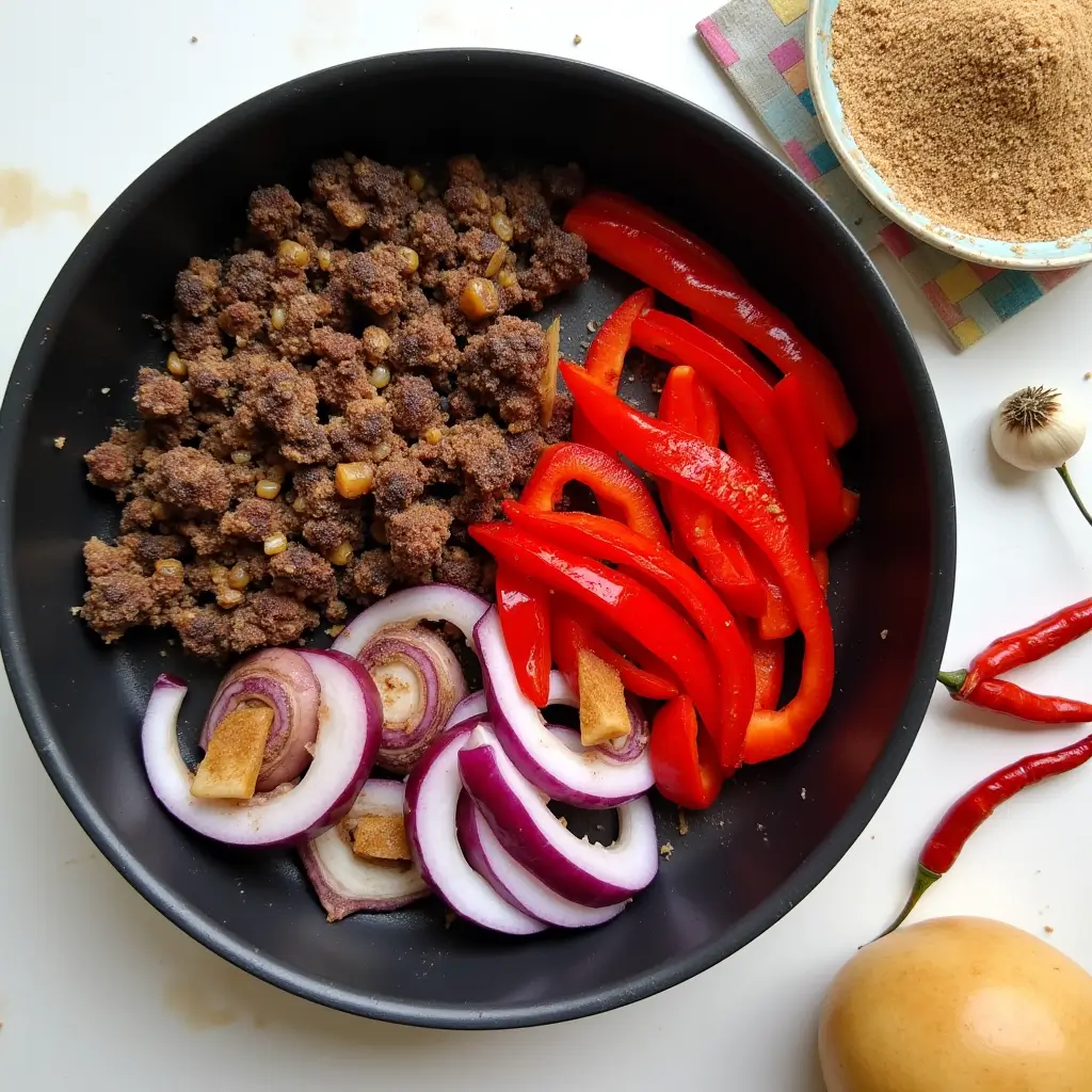 Southwest Spice Blend HelloFresh ingredients laid out in a rustic kitchen with tortillas, spices, chicken, and rice