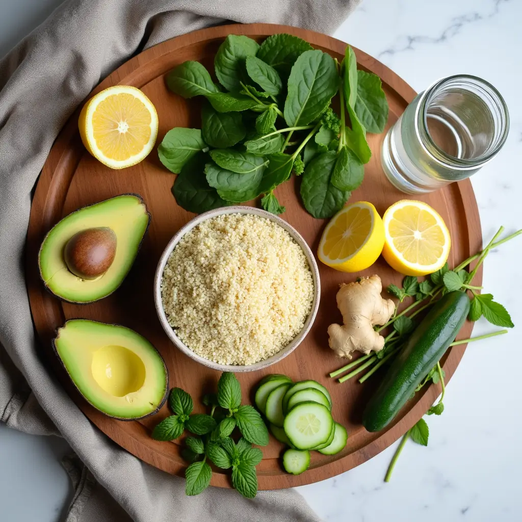 Fresh natural ingredients for RO weight loss recipe arranged on kitchen board