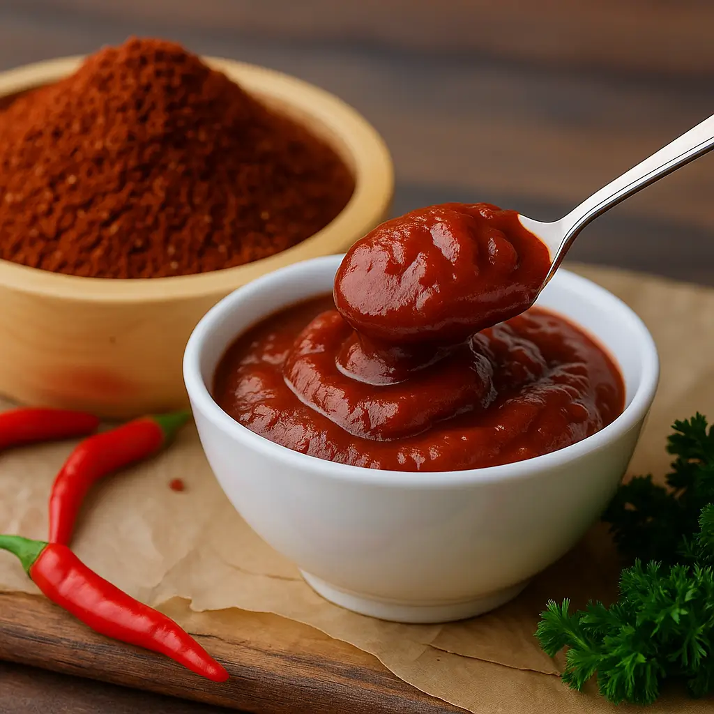 Chef Luna holding a spoonful of homemade Tex Mex Paste HelloFresh in a professional kitchen