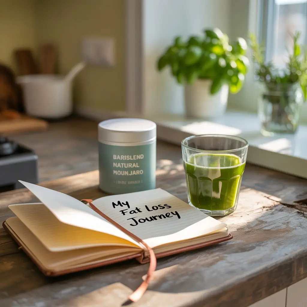 Fat loss journey notebook with Barislend Natural Mounjaro supplement on kitchen table