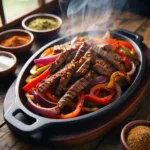 Steak fajita recipe seasoning on sizzling beef with grilled peppers