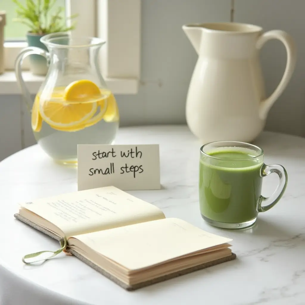 Smoothie, notebook, and RO water on a counter symbolizing healthy habits