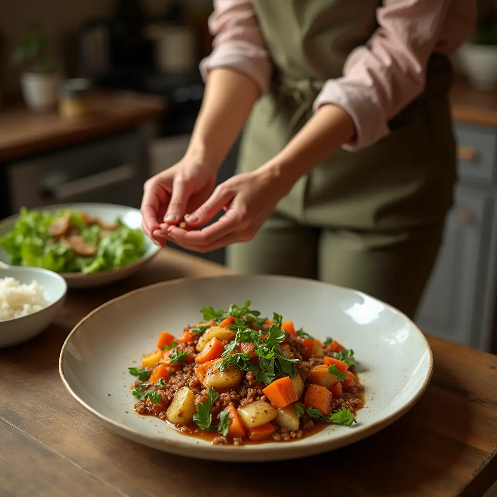 Woman serving a vibrant HelloFresh recipe on a dinner table with fresh sides like rice and salad.