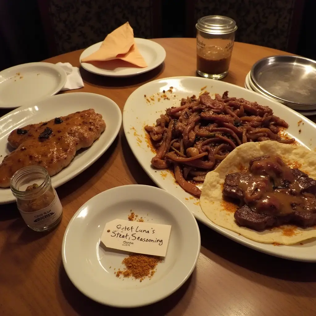 Table with used plates and steak fajita recipe seasoning jar at dinner’s end