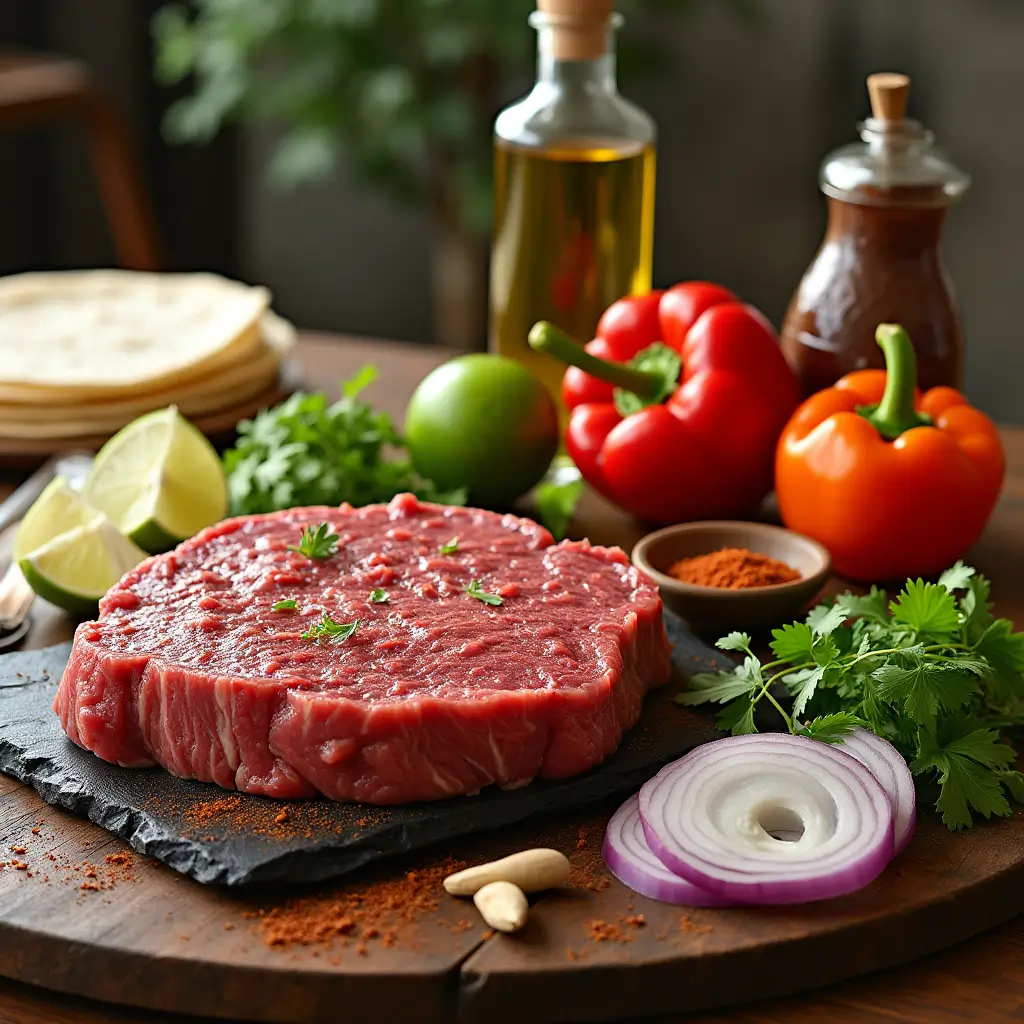 Fresh ingredients for steak fajita recipe, including flank steak, bell peppers, onions, garlic, and tortillas, on a wooden counter