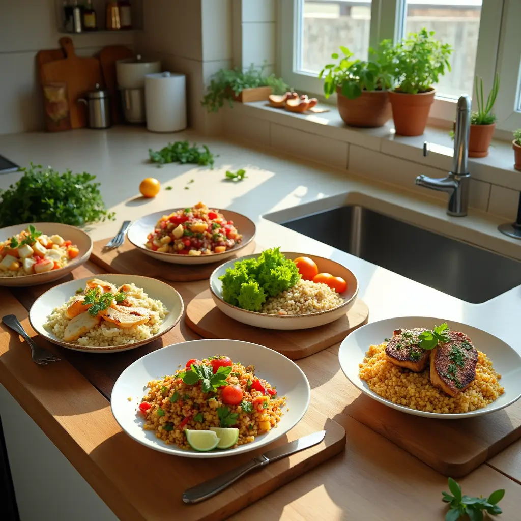 Five healthy Mounjaro Recette meals served on a kitchen counter