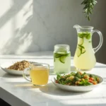 RO weight loss meal set including detox tea, smoothie, quinoa bowl, and infused water on a clean kitchen counter