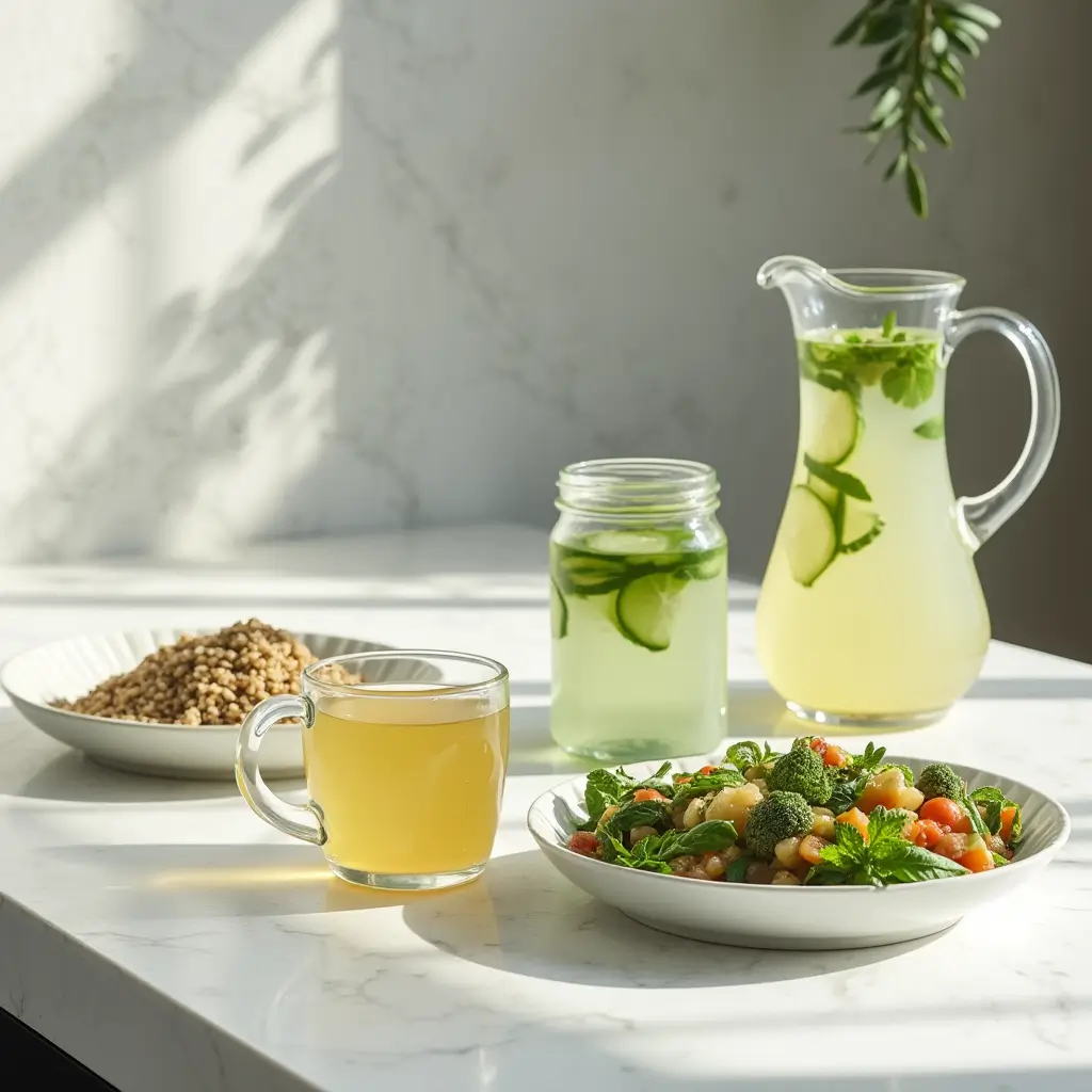 RO weight loss meal set including detox tea, smoothie, quinoa bowl, and infused water on a clean kitchen counter