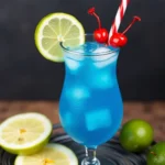 Woman enjoying a refreshing Adios Mother F Drink with lemon, berries, and mint in a modern kitchen setting.