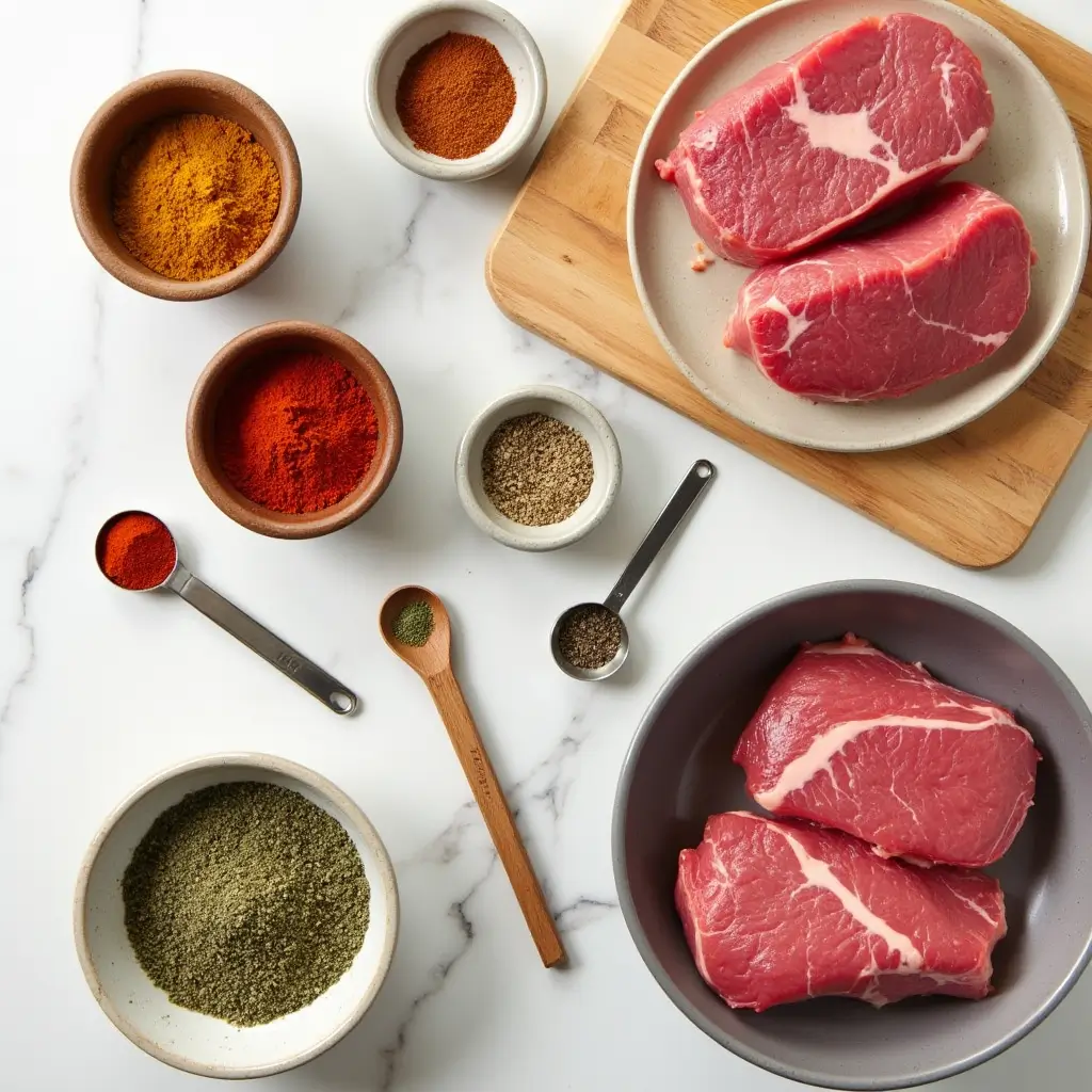Steak fajita recipe seasoning ingredients laid out on kitchen counter