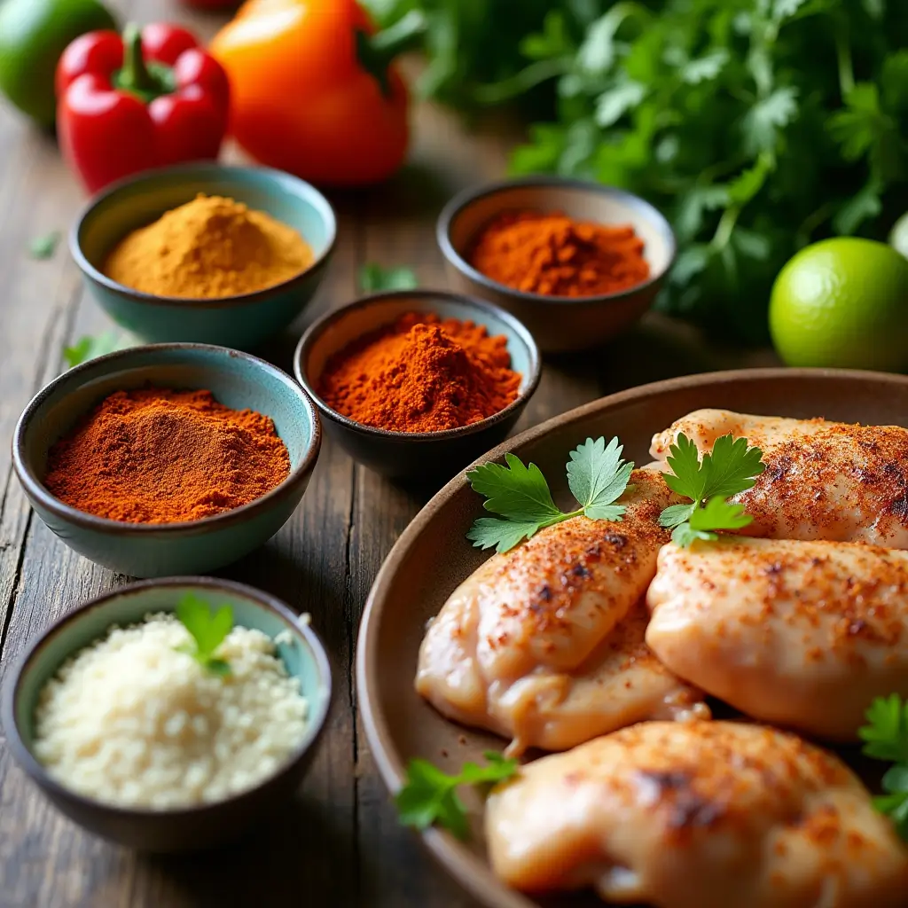 Ingredients for Southwest Spice Blend HelloFresh: spices, fresh veggies, chicken, and cilantro."