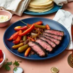 Delicious steak fajita recipe with grilled steak, sautéed peppers and onions, topped with guacamole and pico de gallo, served with warm tortillas and lime wedges.
