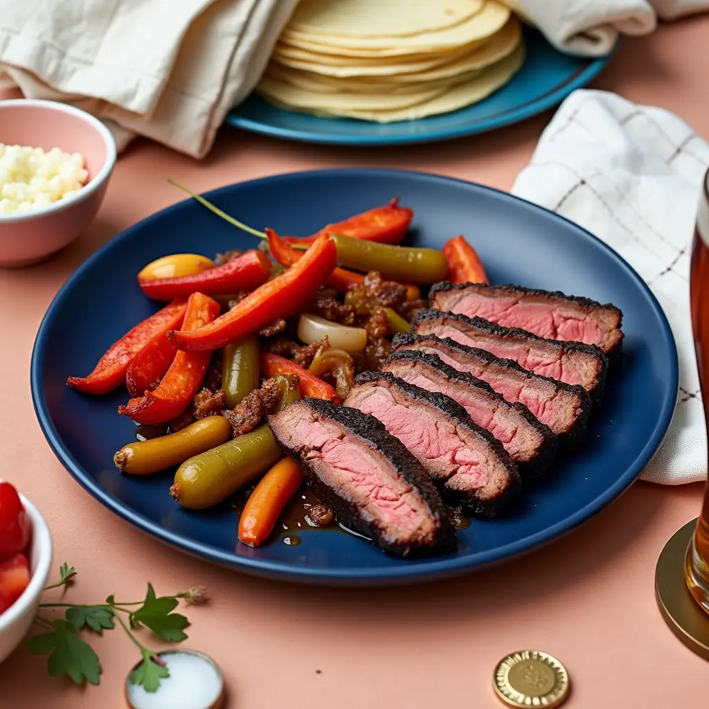 Delicious steak fajita recipe with grilled steak, sautéed peppers and onions, topped with guacamole and pico de gallo, served with warm tortillas and lime wedges.