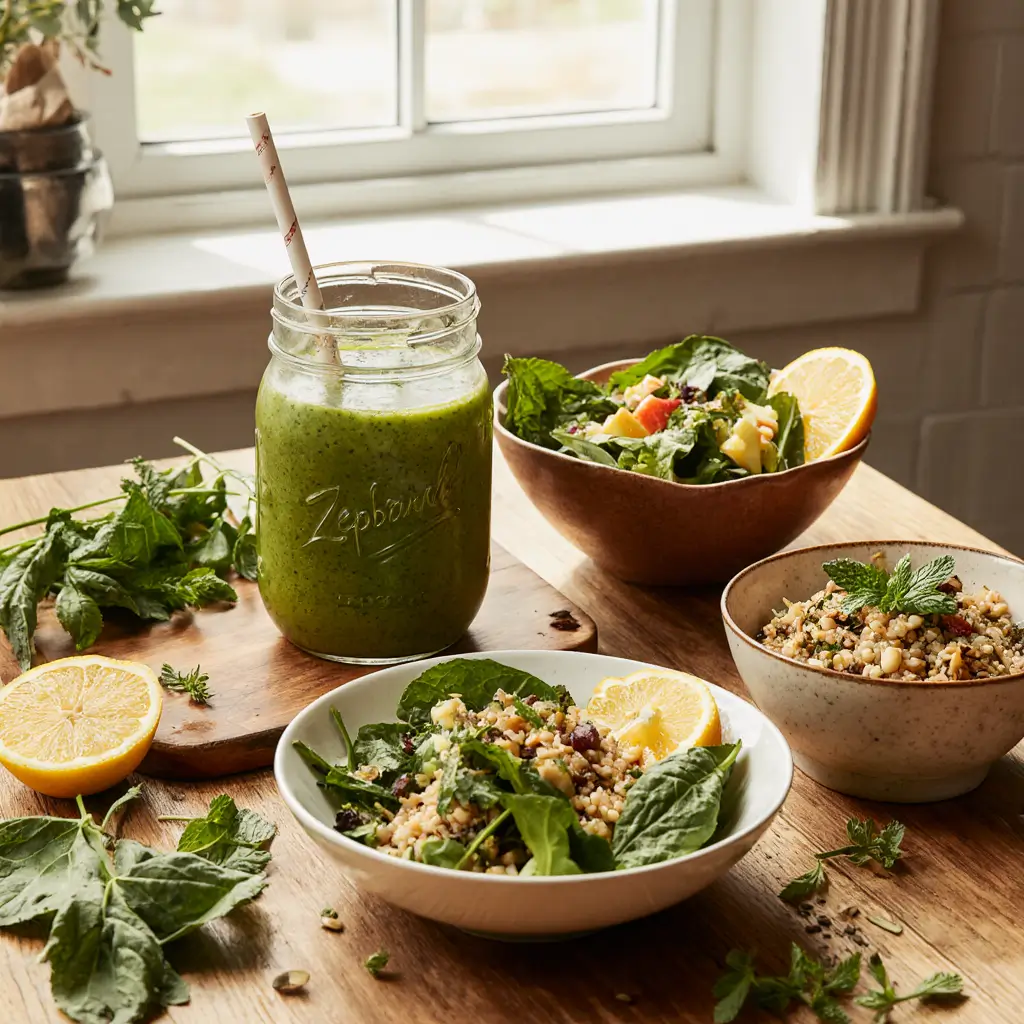 Natural Zepbound Recipe healthy meals and detox drink displayed in a bright kitchen