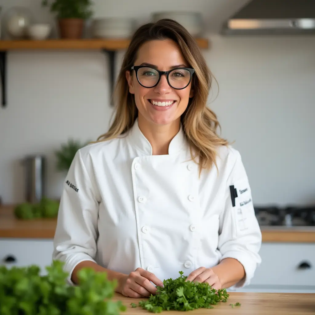 Woman serving quinoa bowl with infused water and tea in a cozy kitchen