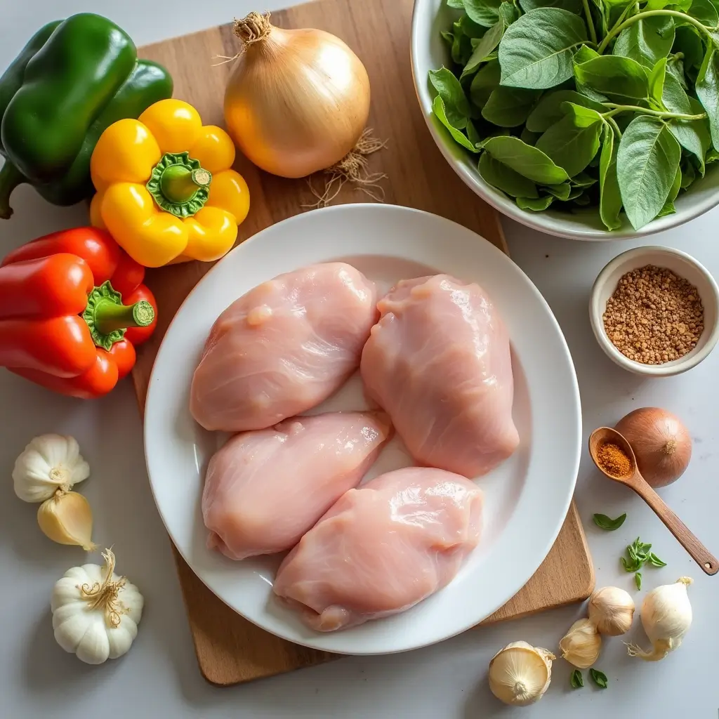 Fresh ingredients for HelloFresh recipes: chicken, bell peppers, onions, garlic, and spices.