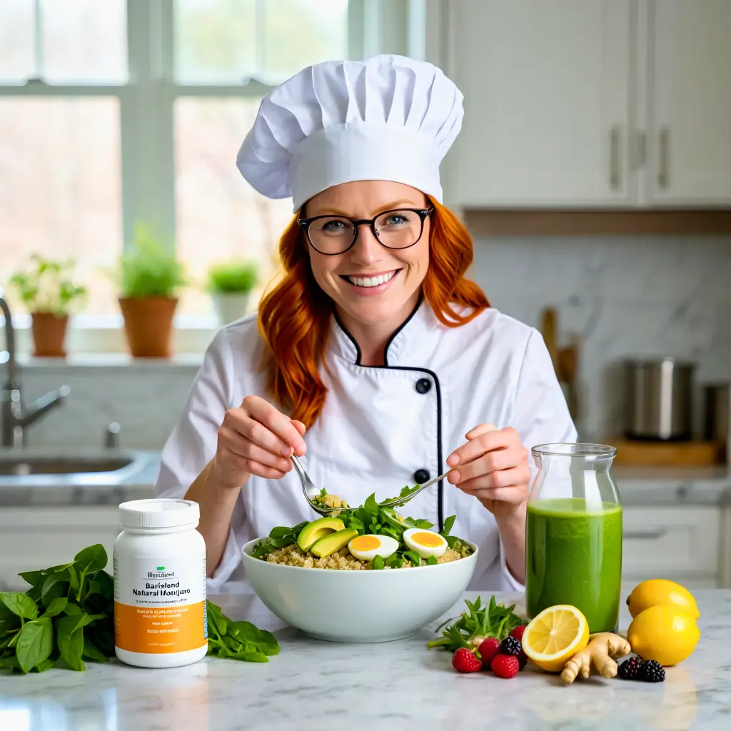 Woman serving Barislend Natural Mounjaro fat-loss drink in a modern kitchen