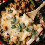 Chicken Fajita Casserole fresh from the oven with melted cheese and colorful peppers.