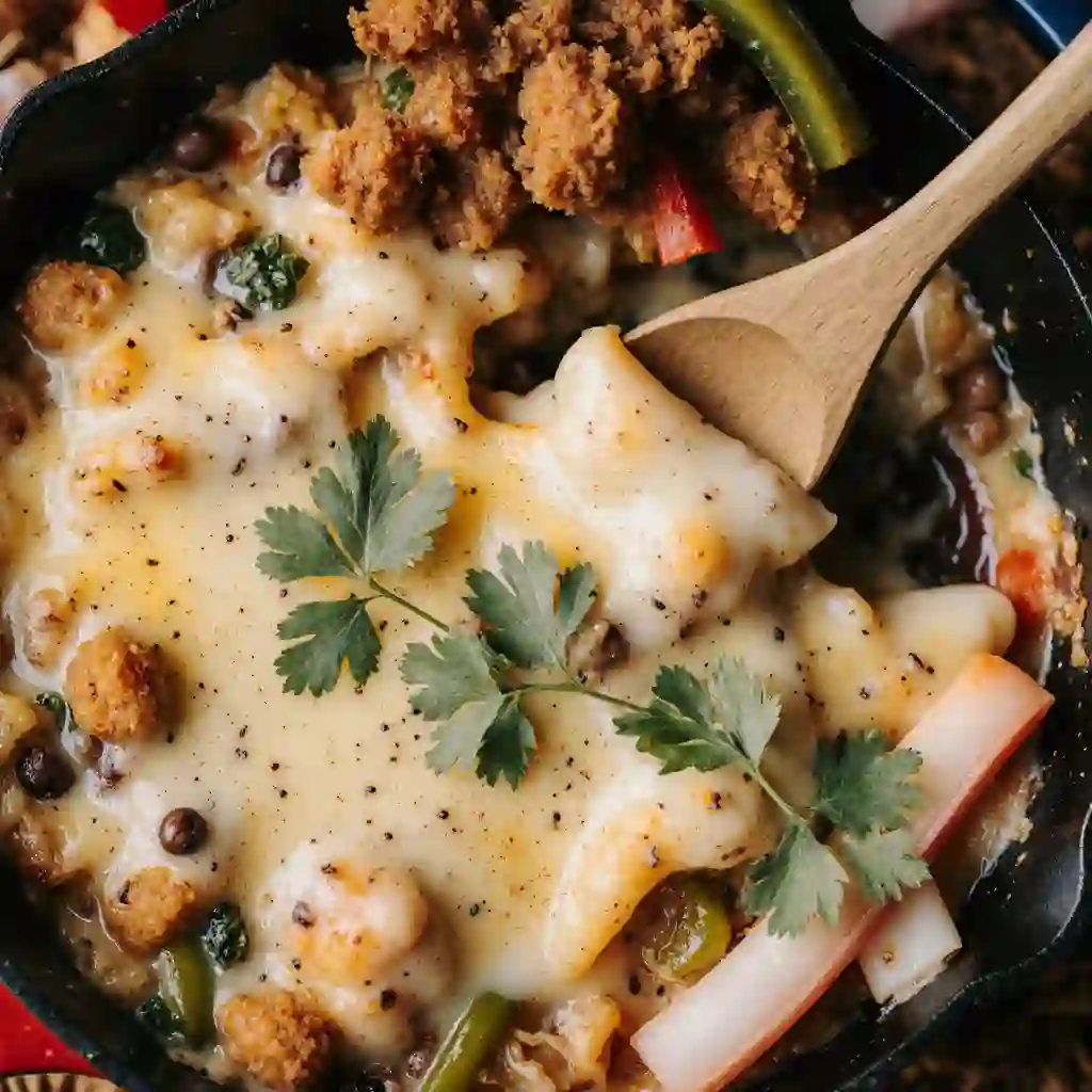 Chicken Fajita Casserole fresh from the oven with melted cheese and colorful peppers.
