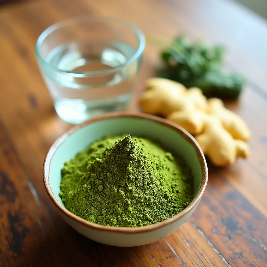 Close-up of ingredients for Japanese Mounjaro Recipe: matcha powder, kombu, ginger, and water.