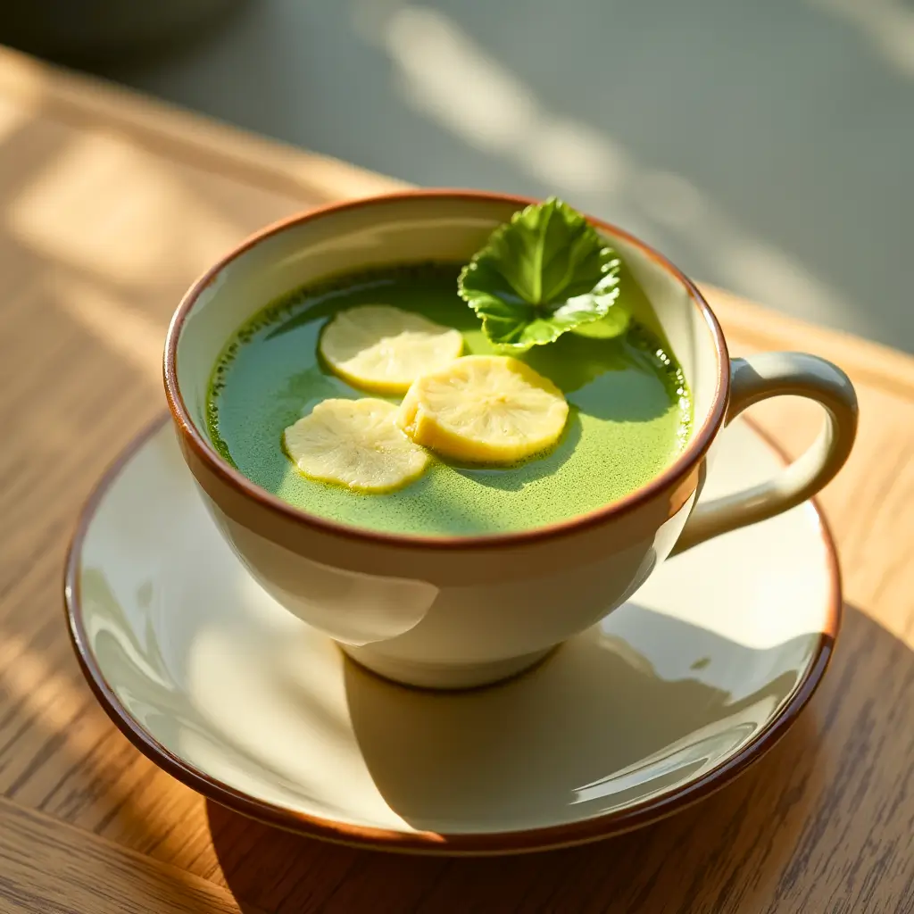 Realistic image of Japanese Mounjaro Recipe with matcha, kombu, and ginger on a wooden table.