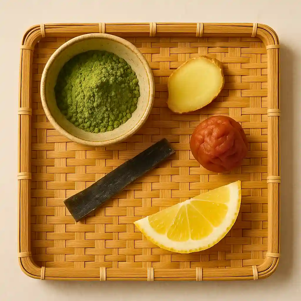 Ingredient japanese mounjaro recipe: Matcha, ginger, umeboshi plum, and kombu arranged on a tray