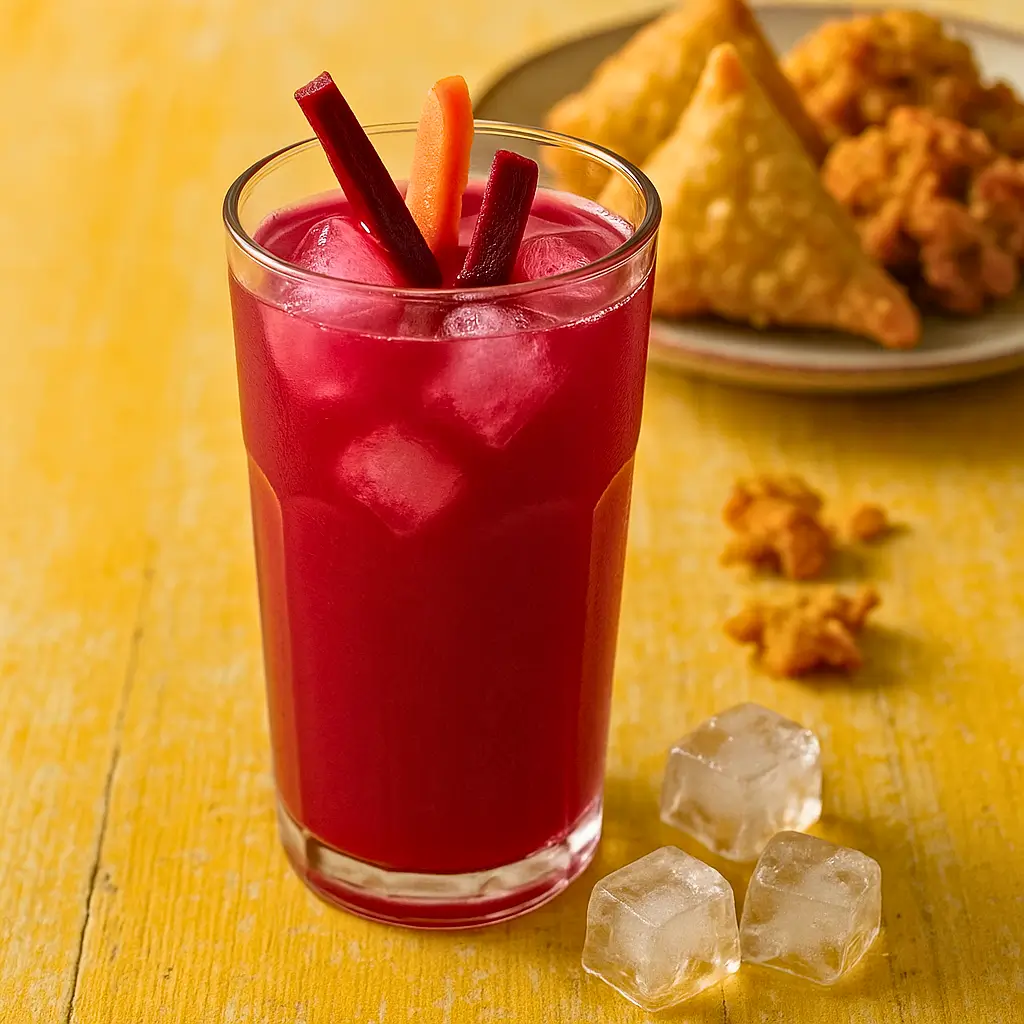 A refreshing glass of Kanji Probiotic Drink Recipe, garnished with fermented carrots and beets, served with Indian snacks like samosas.