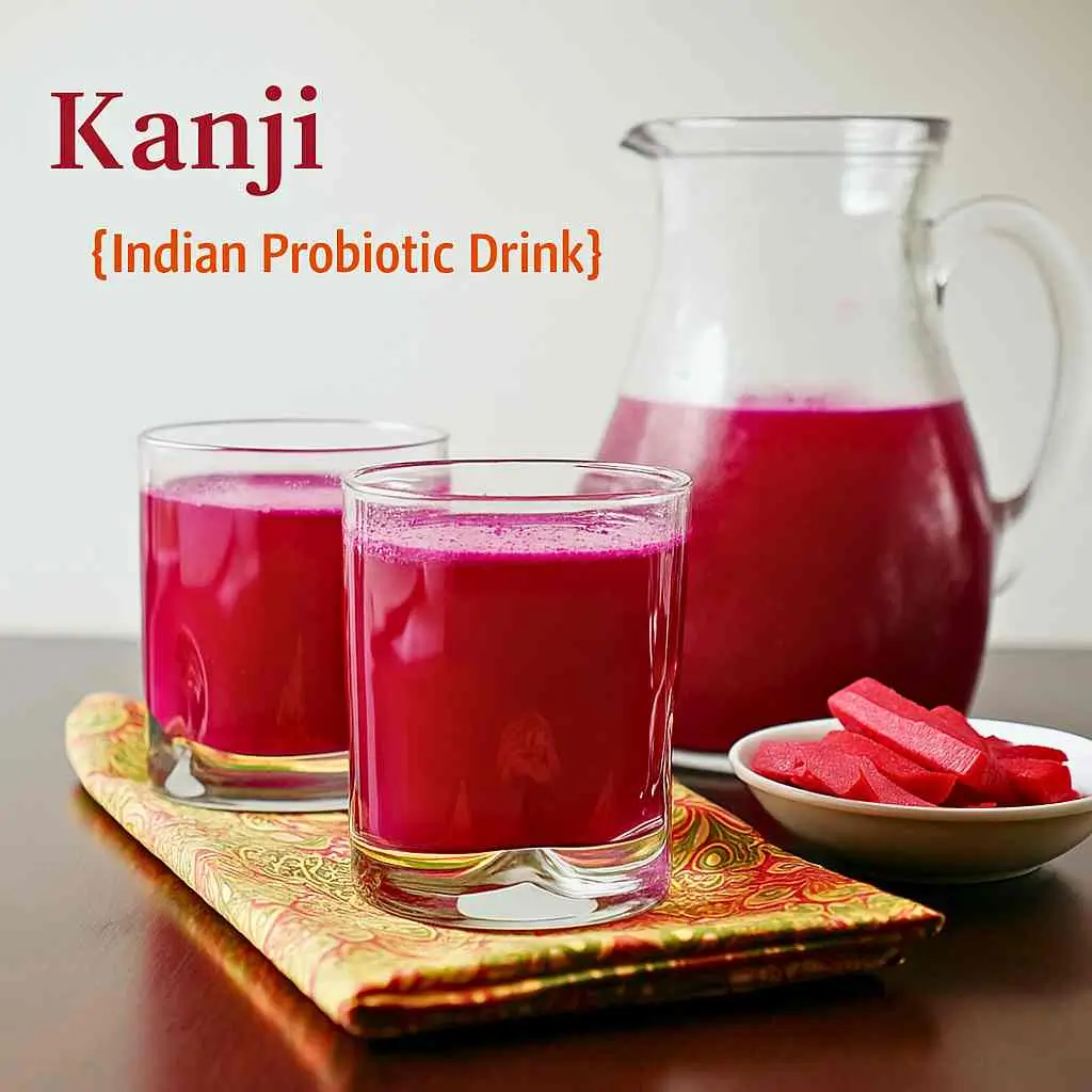 Homemade Kanji Probiotic Drink in a glass jar surrounded by fresh carrots and beets, ready for fermentation.