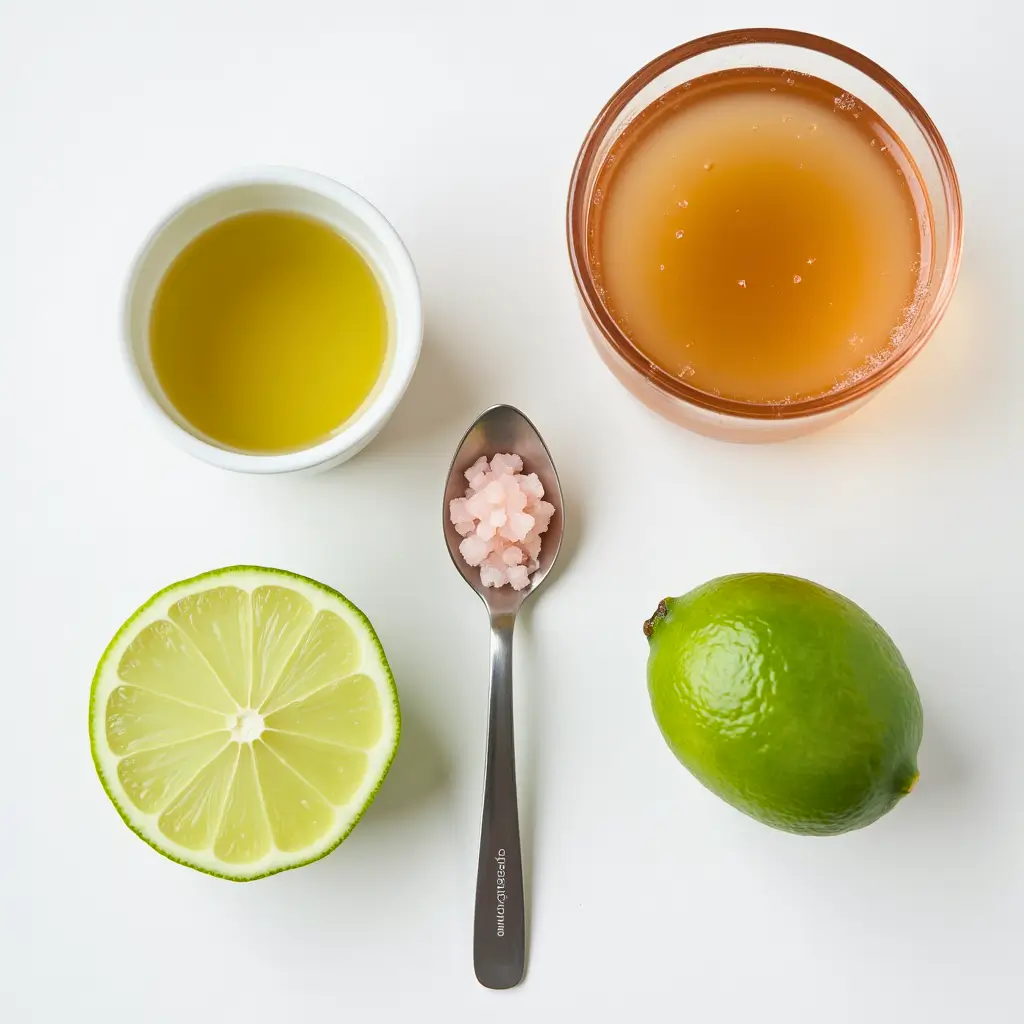 Flat lay of key ingredients for the Natural Brazilian Mounjaro Recipe: lime, Himalayan salt, apple cider vinegar, and olive oil.