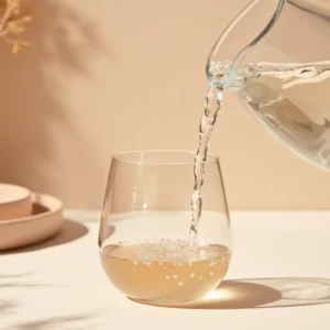 Clear water being poured from a glass pitcher into a stemless glass on a sunlit beige surface.