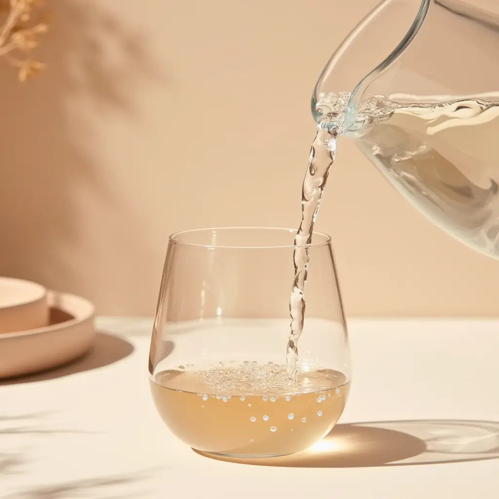 Clear water being poured from a glass pitcher into a stemless glass on a sunlit beige surface.