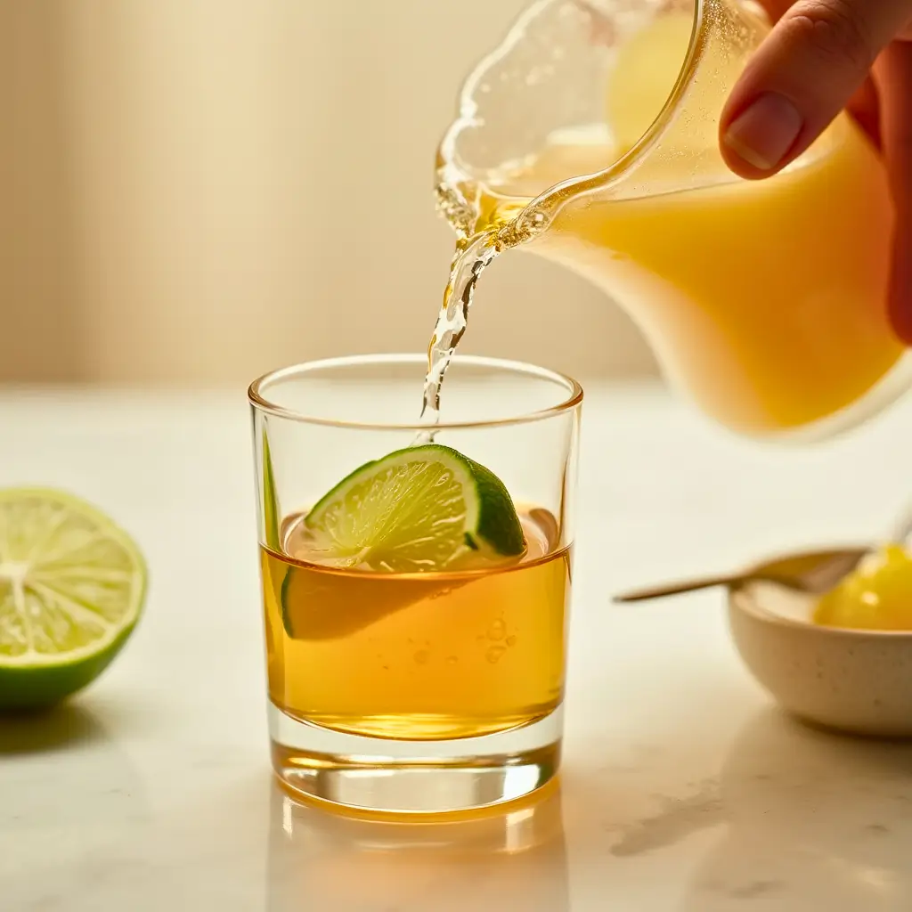 A glass of golden Mounjaro drink with lime slices, as filtered liquid is poured in from a small pitcher.