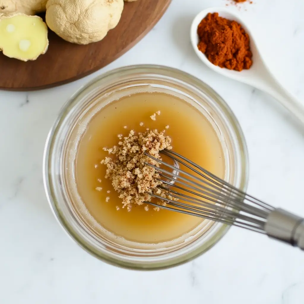 A whisk stirring cinnamon powder into a golden Mounjaro drink mixture, surrounded by ginger and cayenne pepper.
