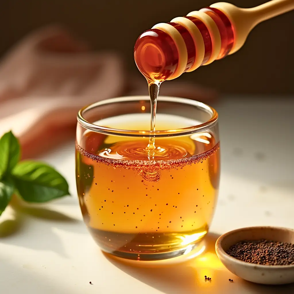 Honey dripping from a dipper into a glowing glass of Mounjaro drink, surrounded by chia seeds and mint.