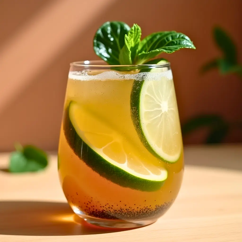 A glass of Natural Brazilian Mounjaro drink with lime slices, mint leaves, and chia seeds on a sunlit wooden surface.