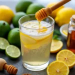 Glass of Natural Mounjaro drink with lemon slices, honey jar, and apple cider vinegar.