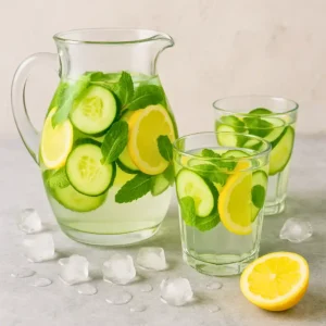 A pitcher of natural Zepbound drink with cucumber, lemon, and mint on a table with glasses ready to serve.