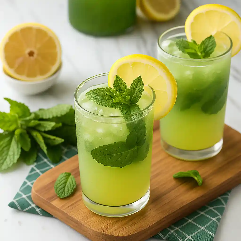 Two glasses of Natural Zepbound drink with lemon slices and mint leaves served over ice on a wooden board.