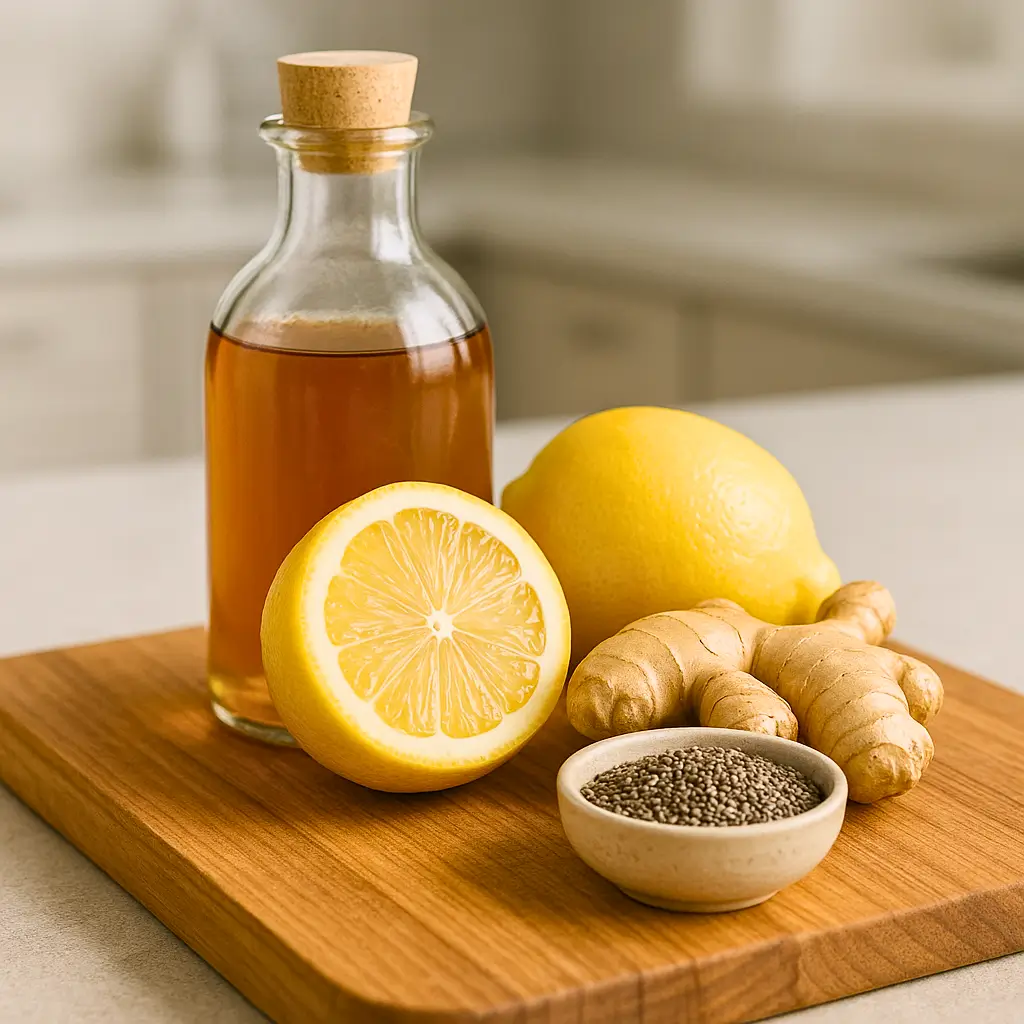 Fresh ingredients for a natural Zepbound recipe for weight loss including apple cider vinegar, lemon, ginger, and chia seeds.Fresh ingredients for a natural Zepbound recipe for weight loss including apple cider vinegar, lemon, ginger, and chia seeds.