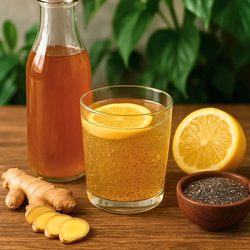 Natural Zepbound recipe for weight loss with apple cider vinegar, lemon, ginger, and chia seeds.
