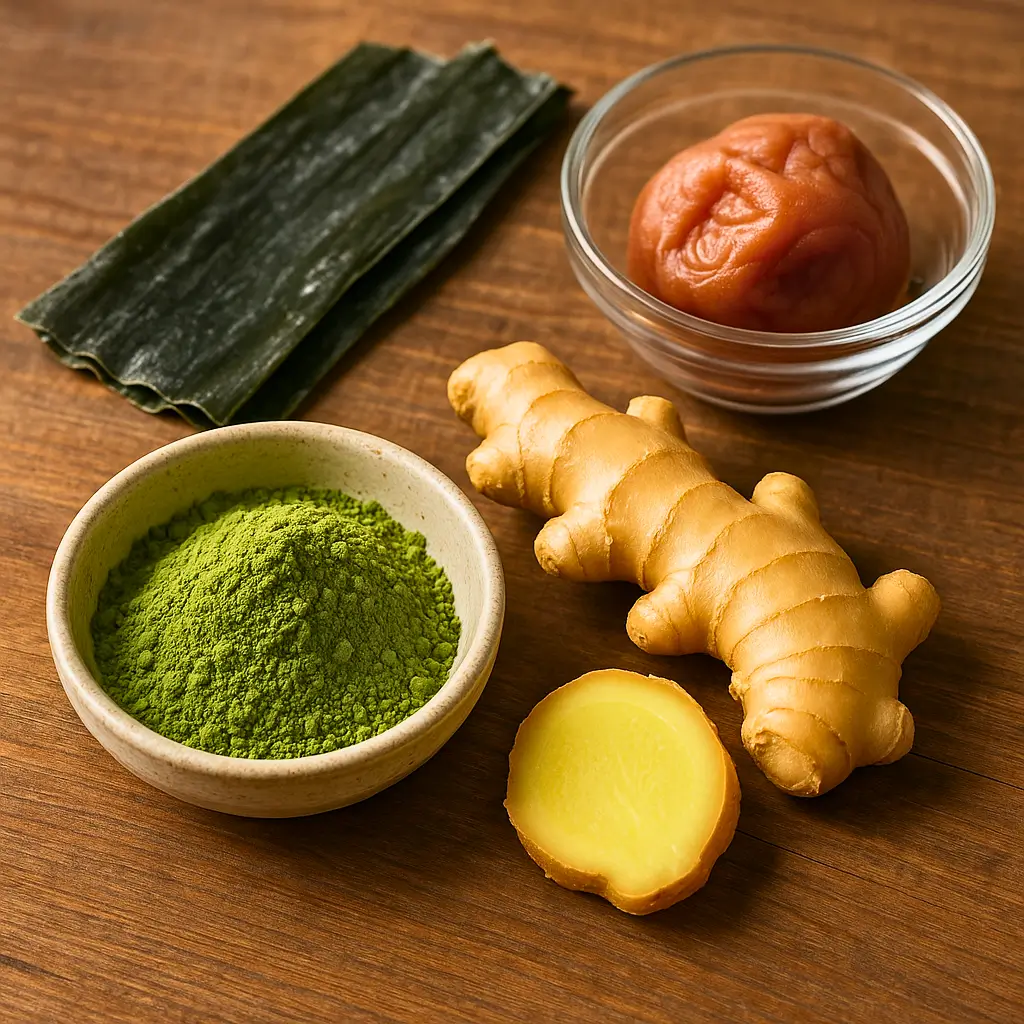 Key ingredients for Japanese Mounjaro: matcha powder, fresh ginger, umeboshi plum, and kombu, arranged on a wooden table.