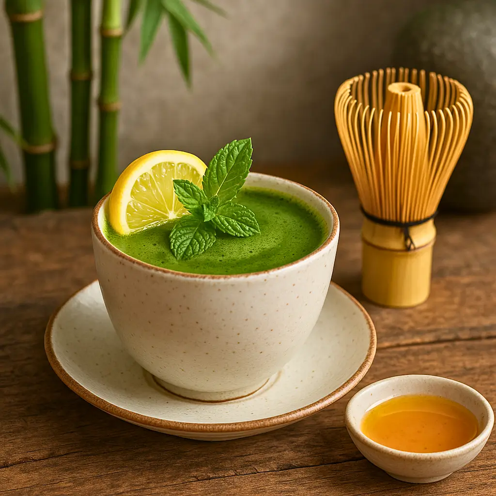 A beautifully served cup of Japanese Mounjaro with a slice of lemon, mint, and optional honey, presented on a rustic wooden table.