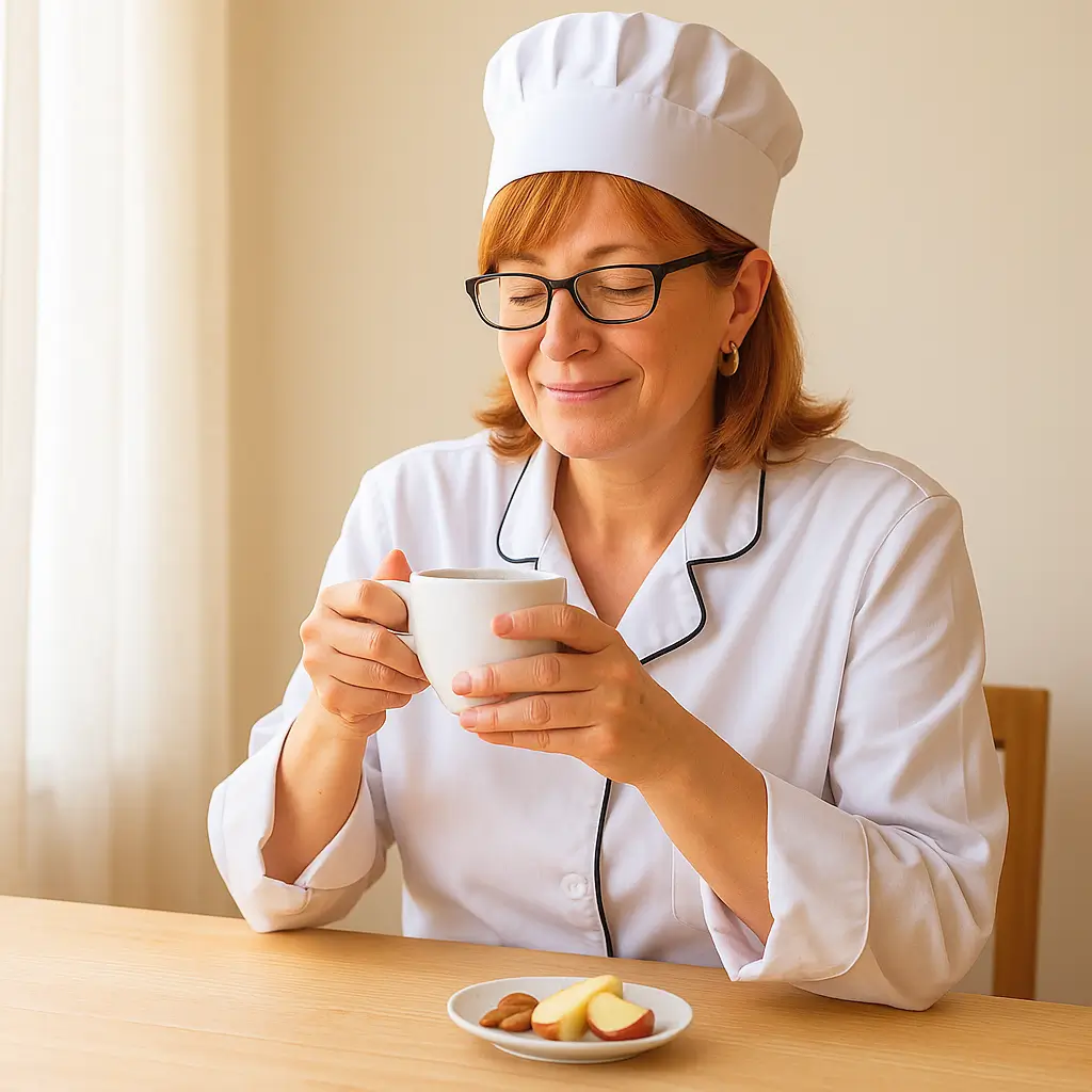 A Chef Luna enjoying a warm cup of Japanese Mounjaro in a serene setting, conveying relaxation and wellness.