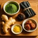 Close-up of Japanese Mounjaro Recipe Free ingredients: matcha powder, kombu, ginger, umeboshi plums, and yuzu peel.