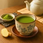 Serving of Japanese Mounjaro with a steaming cup, tea whisk, bamboo spoon, and honey, presented on a wooden tray.