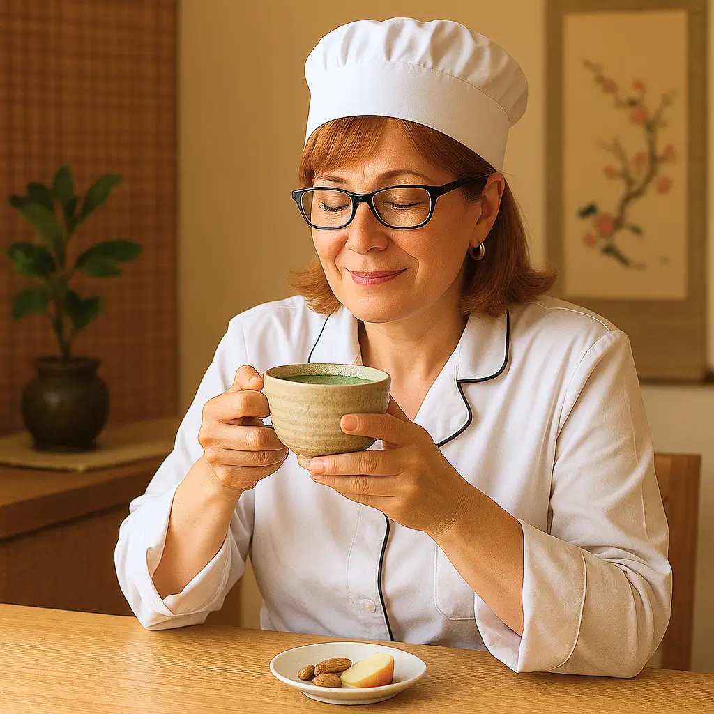 Person enjoying a cup of Japanese Mounjaro in a serene Japanese-inspired setting.