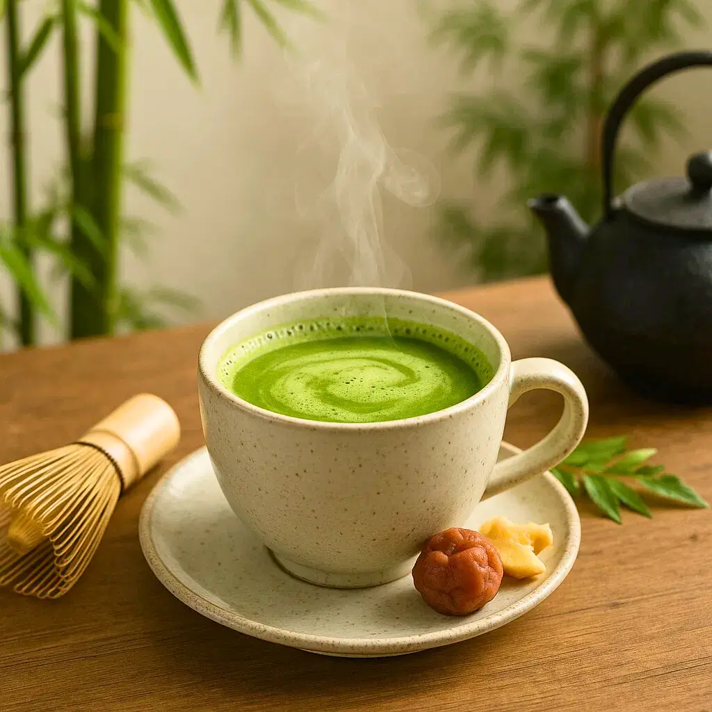A steaming cup of Japanese Mounjaro tea with matcha, ginger, and umeboshi, set against a calm Japanese-inspired background.