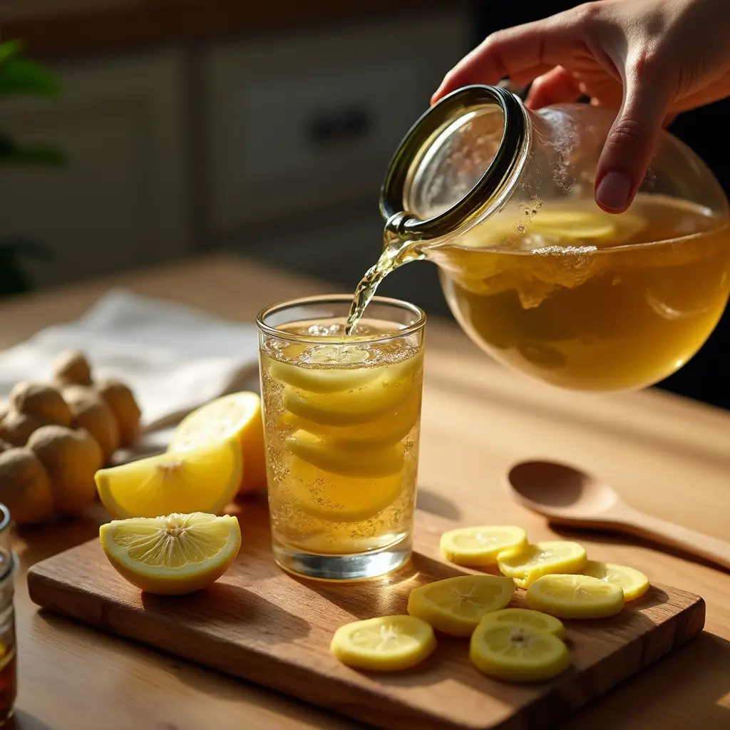 Pouring a glass of lemon and ginger detox water – natural mounjaro recipe with 4 ingredients
