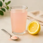 Glass of warm water with pink salt, lemon, apple cider vinegar, and honey on a countertop, symbolizing the Pink Salt Trick Recipe for detox.