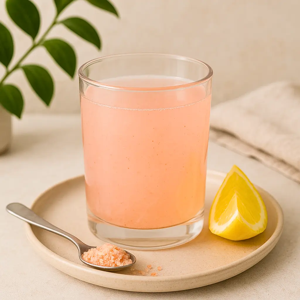 A glass of pink salt drink with lemon slices and a teaspoon of pink salt beside it, perfect for a morning detox routine.